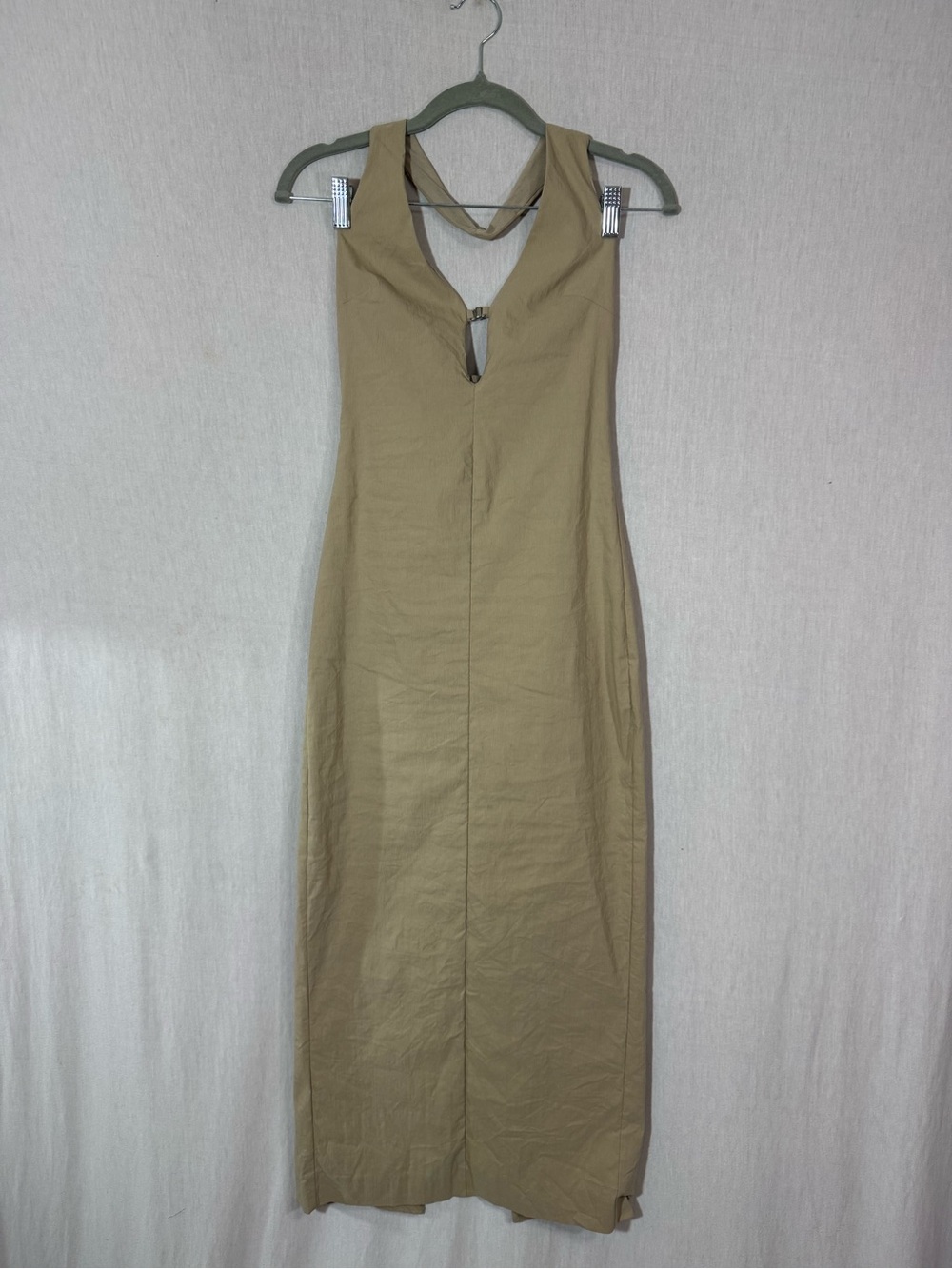 Zara Xs Halter Beige Maxi Dress With Deep V-Cut Plunge